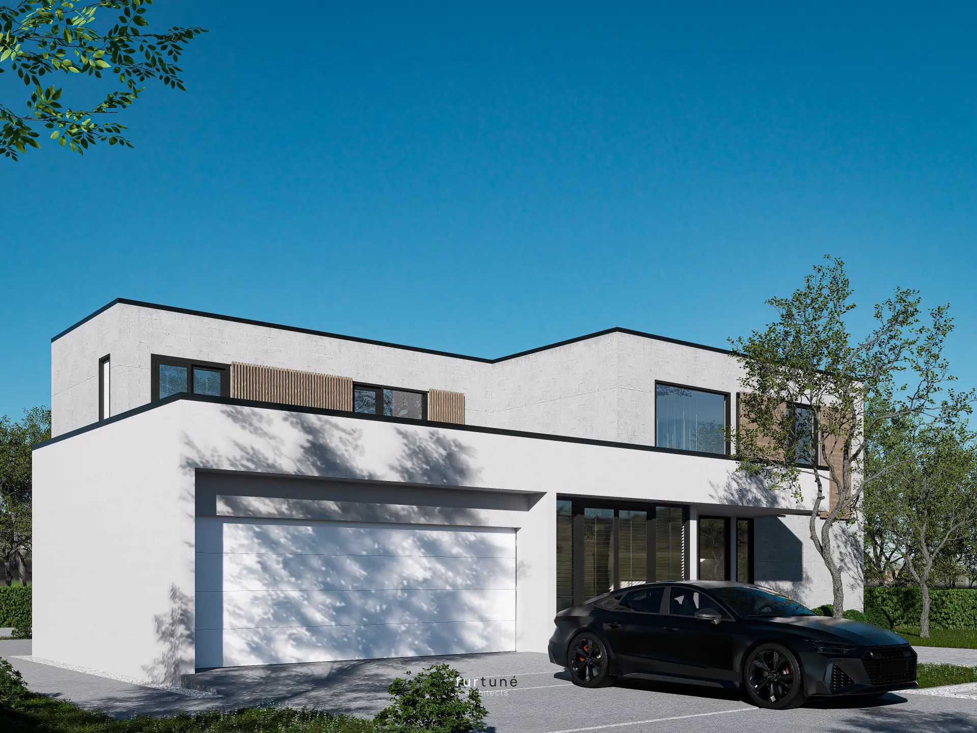 Seitliche Ansicht mit Garagenvolumen