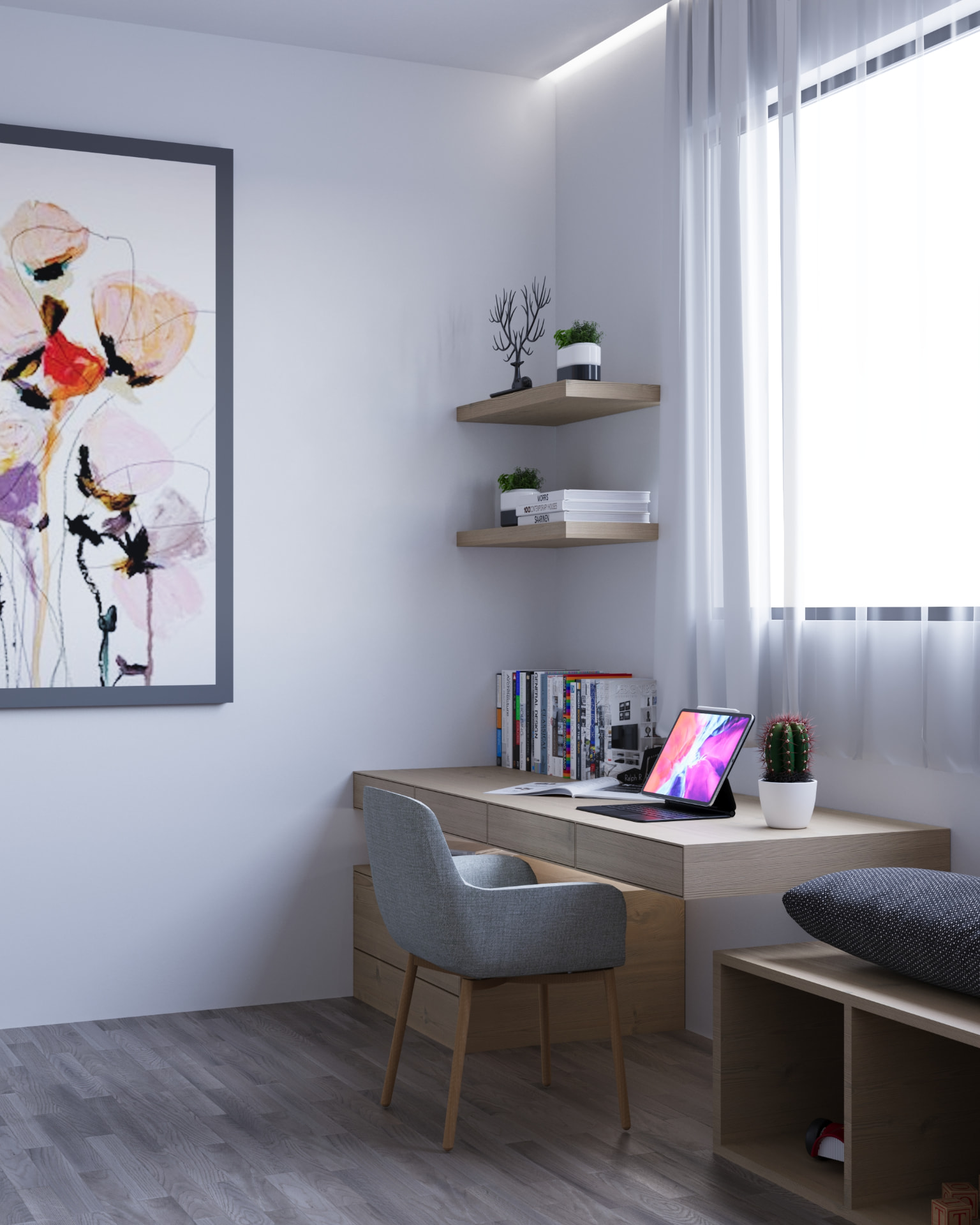 Detail des Arbeitsplatzes mit Eckregalen