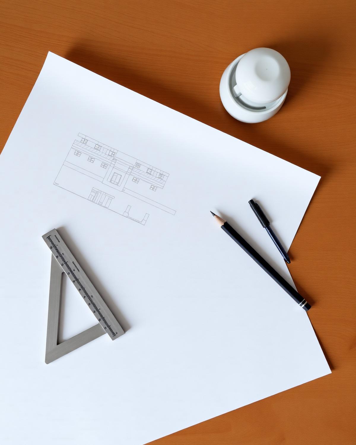 Architektonischer Arbeitsplatz mit Zeichenpapier, Bleistift und Winkel