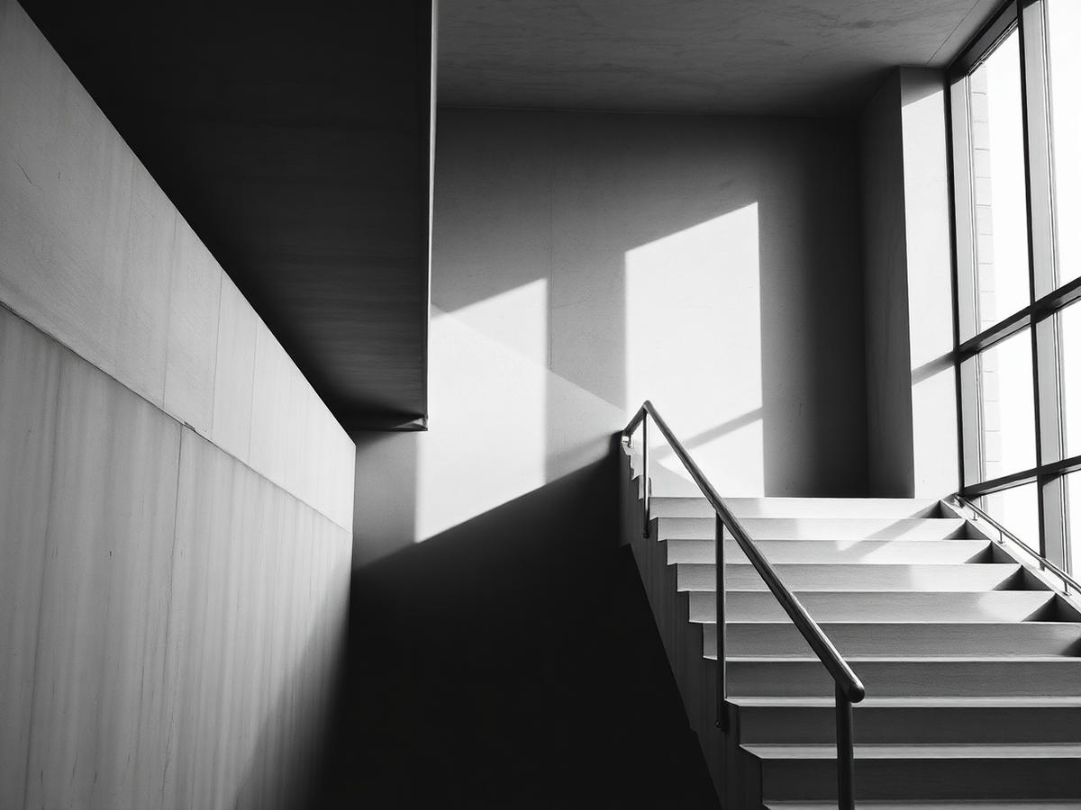 Innenaufnahme eines Treppenhauses mit klarer Geometrie und Licht-Schatten-Kontrast